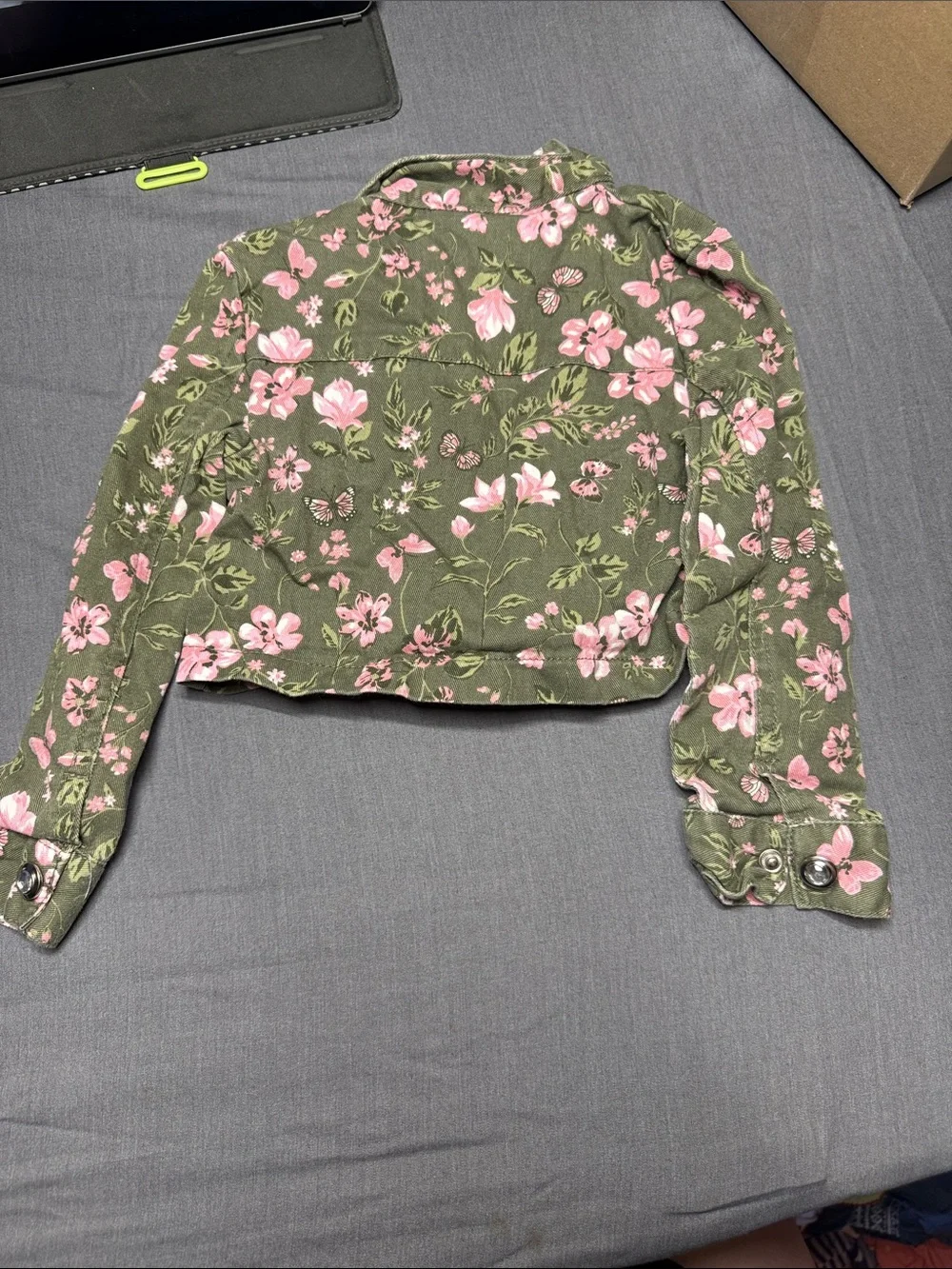Little Lass Olive Green Jacket with Pink Floral Accents